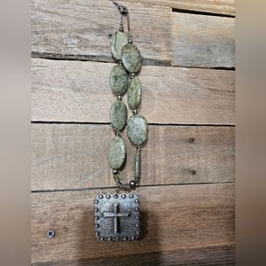 Silver Cross Buckle with Green Stone Belt